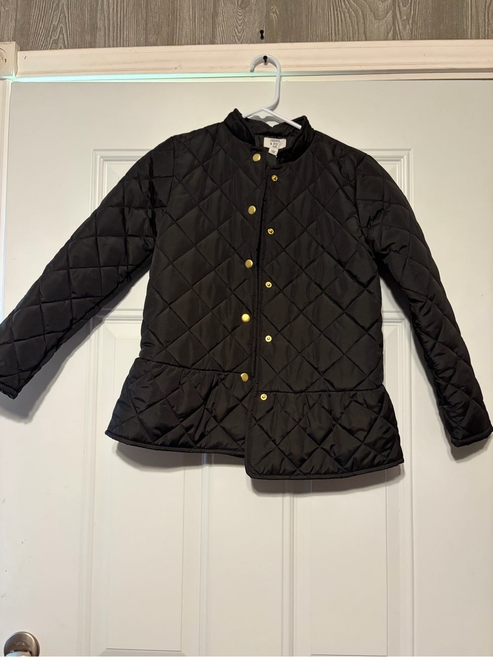 crown & ivy Black Quilted Peplum Puffer Jacket with Gold Buttons